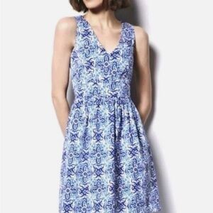 Milly for Design Nation Blue and White Printed V-Neck Midi Dress